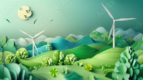 An artistic interpretation of Earth viewed through the lens of renewable energy development, in a photojournalistic style, Simplified paper art illustration of photo