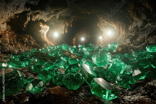 A cavern's depths reveal a dazzling treasure trove of emerald crystals, illuminated by spotlights. photo