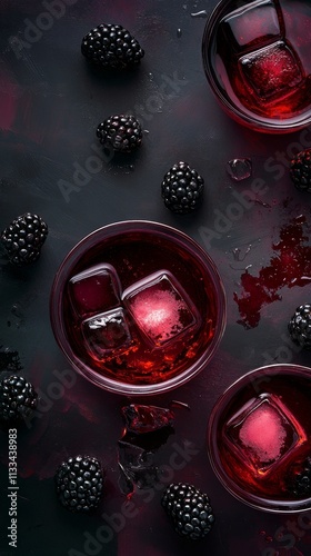 Refreshing cocktails with blackberries and ice served on a dark surface