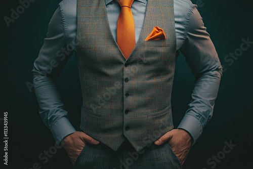 Stylish man wearing tailored suit with orange tie and pocket square indoors