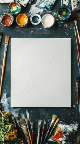 Empty canvas surrounded by art supplies ready for creation on a bright workspace