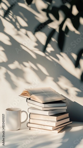 Open book on stacked volumes beside a white cup of coffee with soft shadows i...
