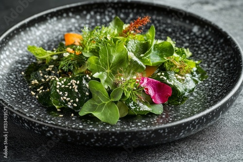 Fresh salad featuring a variety of greens and edible flowers served in a blac...