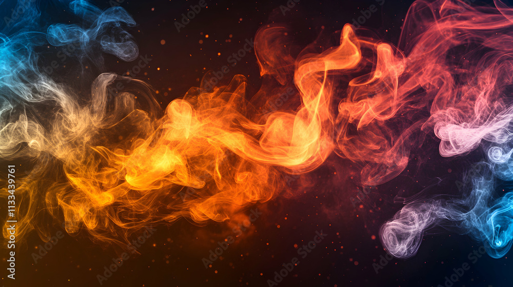 Fototapeta premium Abstract Fiery & Icy Smoke Swirls Background, Dynamic Color Fusion, Glowing Particles