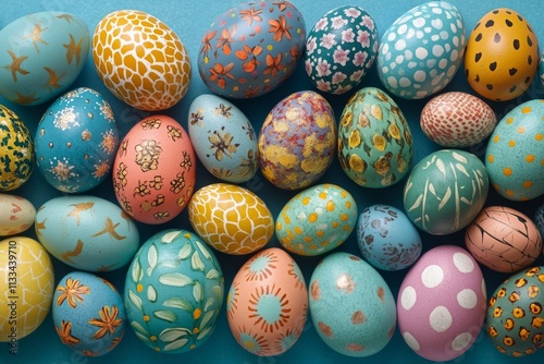 Colorful decorated eggs displayed on a blue background showcasing traditional...