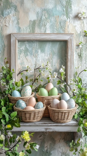 Colorful Easter eggs in baskets surrounded by spring flowers on a wooden shel...