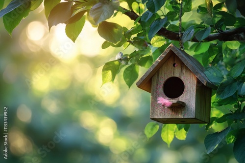 A small wooden birdhouse hangs from a tree branch surrounded by lush green le...