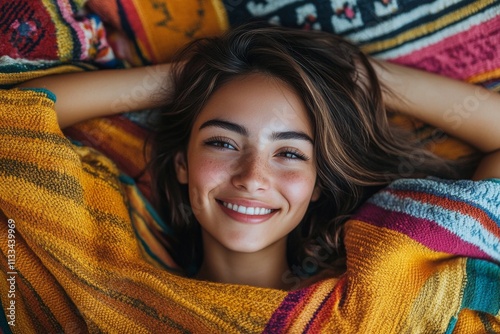 Smiling woman resting on colorful blanket in cozy setting at sunset