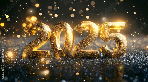 Golden 'Happy New Year 2025' greeting glowing against a sparkling black background, celebrating the upcoming year with festive glamour.illustration