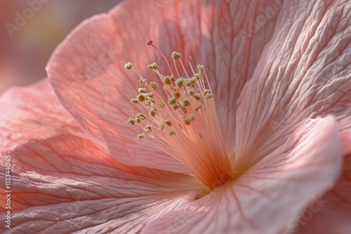Close up view of a delicate pink flower highlighting intricate details and te...