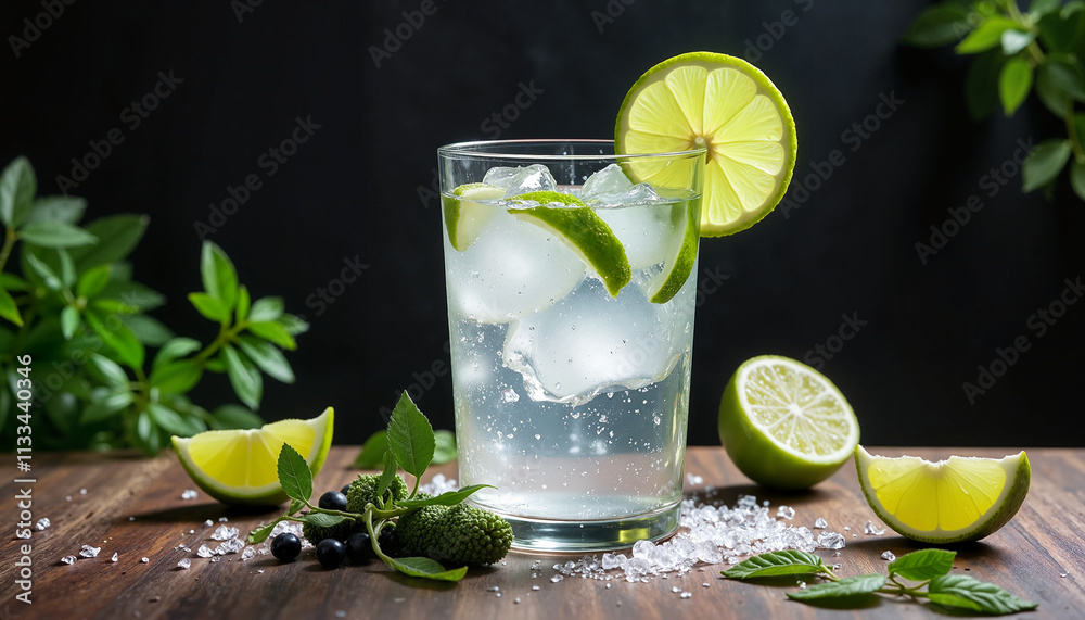 Fototapeta premium Refreshing lime cocktail with mint and ice served in a glass on a wooden table