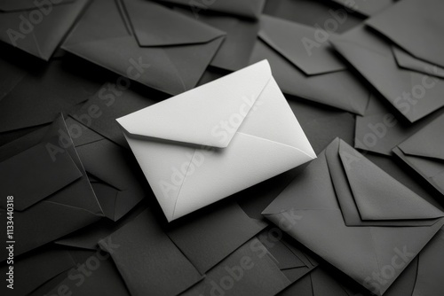 White envelope stands out among black envelopes on a textured surface in a cr...
