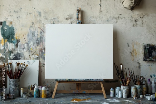 Outdoor art setup with blank canvas and painting supplies on rocky terrain