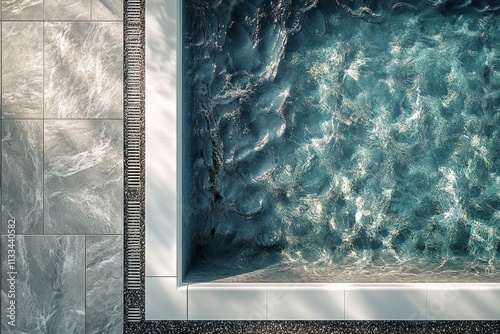 Elegant swimming pool with clear water surrounded by textured gray tiles in a...
