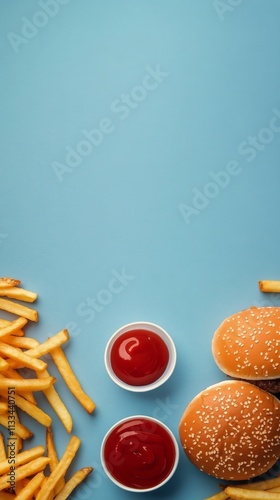 Delicious fast food arrangement on a colorful background with fries and burgers