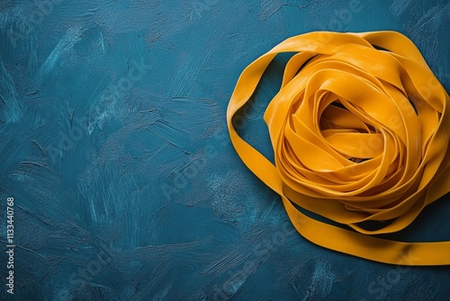 Bright yellow ribbon elegantly arranged on a textured blue backdrop