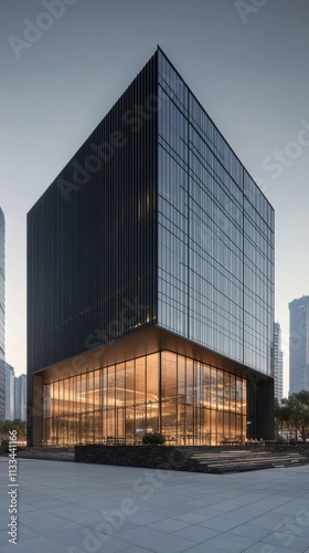 Modern glass building at dusk with sleek design and urban surroundings
