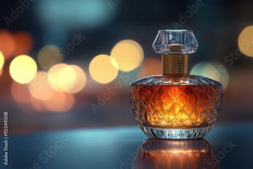 Elegant glass perfume bottle illuminated with soft bokeh in the background at...