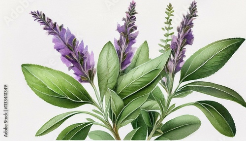 salvia sage detailed hand drawn pastel watercolor botanical image medicinal herbs light background generative ai