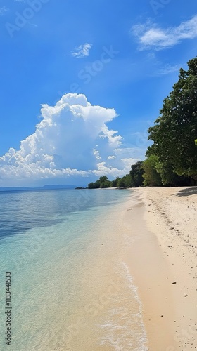 Serene tropical beach with clear water and vivid clouds in the background und...