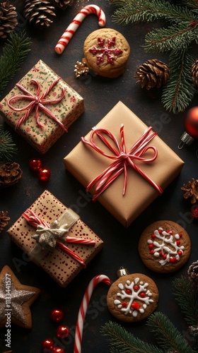 Festive holiday gifts with decorative elements and baked treats on a dark sur...