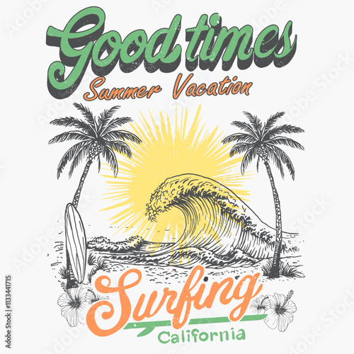 Summer Vacation. summer design. retro prints. print design. t shirt design. girls graphics. fashion design.  big waves. palm tree beach. hand drawn. surfing surfboard. sunset beach. beach vector.