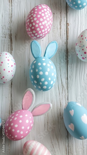 Colorful Easter eggs with bunny ears arranged on a wooden surface for spring ...