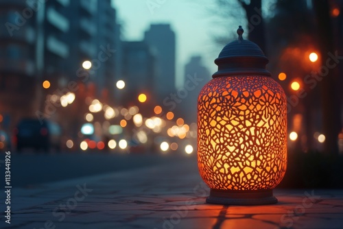Street lantern illuminating a city sidewalk during dusk time with blurred cit...
