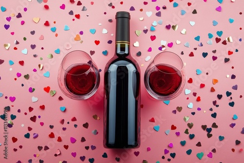 Romantic wine setup with hearts on a pink background for special occasions