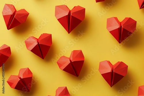 Creative display of handmade paper hearts on bright yellow background