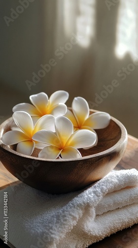 Spa setting with tropical flowers in wooden bowl and soft towels for relaxation