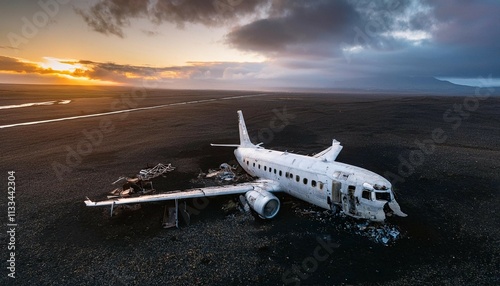 damaged debris of an airplane abandoned ruins risks of aviation aerial shot of a plane crash in a deserted field tragic accident involving aircraft failed landing engine failure incident