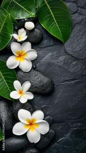 Elegant tropical flowers and smooth stones create a tranquil spa atmosphere