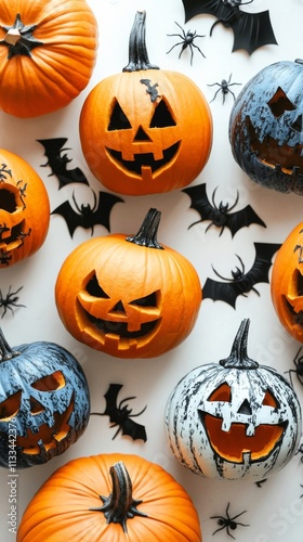 Colorful jack o lanterns and spooky decorations create a festive Halloween at...