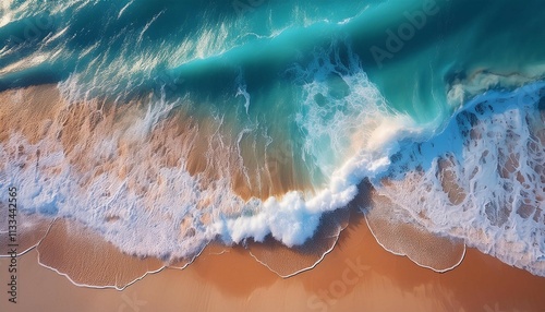 a background photo of an areal view of an ocean wave crashing on the beach birdseye view ai generative