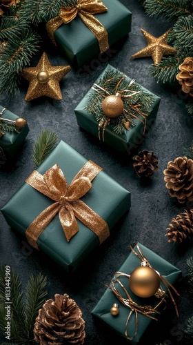 Beautifully wrapped holiday gifts arranged with festive decorations and natur...