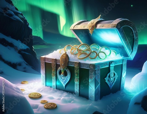 ice encrusted viking treasure chest revealing golden arm rings silver coins and frozen jewels arctic cave background northern lights photo