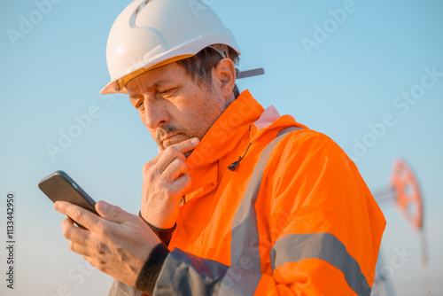 Drilling rig engineer using mobile phone while supervising the process of oil and gas, monitoring rig performance in field