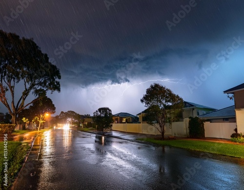 thunderstorm in australian suburbia heavy downpour in suburban neighborhood at night cloudy rainy evening in residential area of a small city stormy summer seasonal pouring rainfall