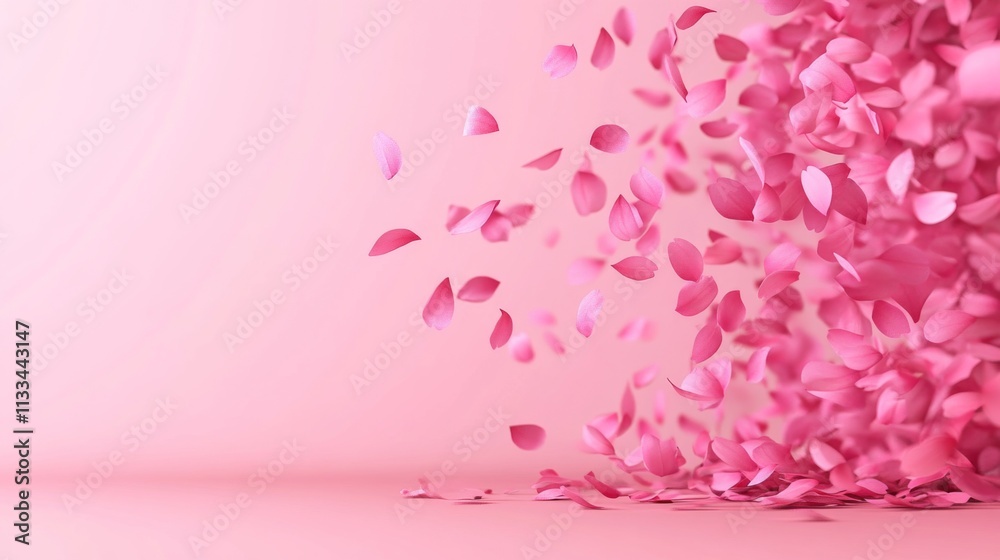 Fototapeta premium Pink flowers are falling from the sky. The flowers are pink and scattered all over the image. The flowers are falling in different directions and are not in a specific pattern