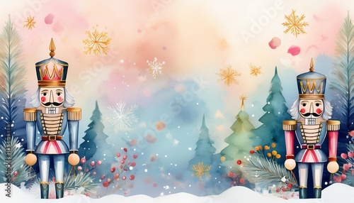 whimsical watercolor nutcracker scene pastel winter wonderland dreamy snowflakes elegant holiday card layout