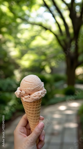 Delicious strawberry ice cream cone held in hand surrounded by lush green nature