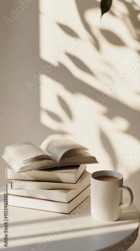 Open book on stacked volumes beside a white cup of coffee with soft shadows i...
