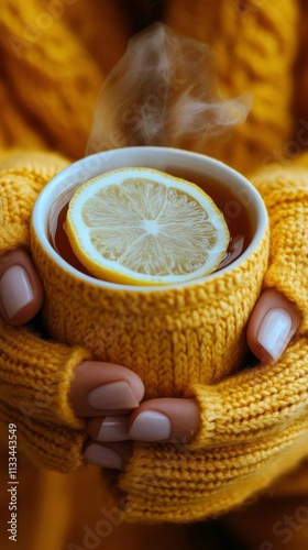 Warm lemon tea held in two hands wearing a cozy yellow sweater