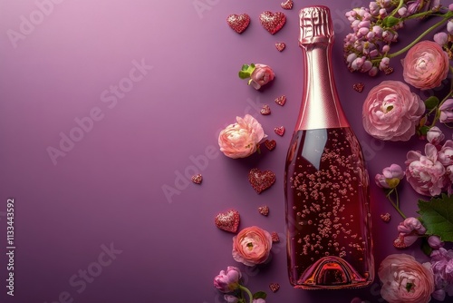 Celebration decor with sparkling beverage and flowers on a purple background