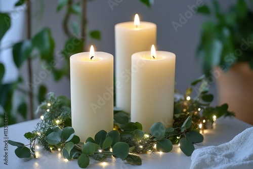 Elegant candle display with roses and greenery in a cozy setting during the e...