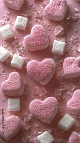 Colorful heart shaped candies scattered on a vibrant pink background with sug...