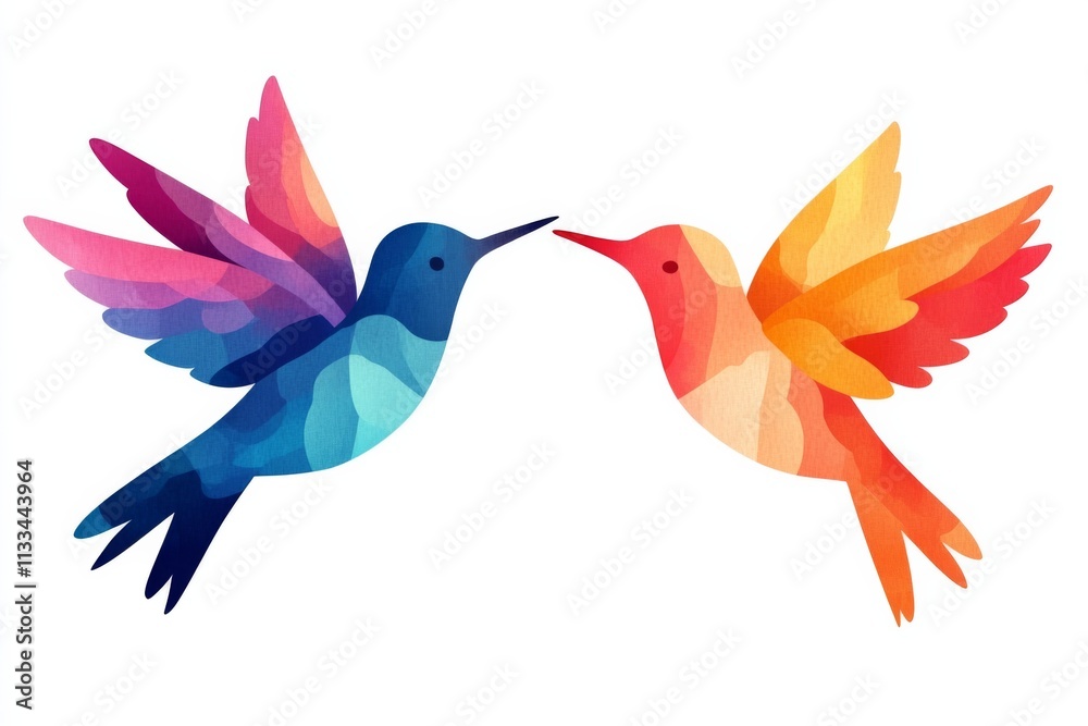 Obraz premium Two birds with colorful wings are flying together. One bird is blue and the other is orange. They are close to each other and appear to be enjoying their time together