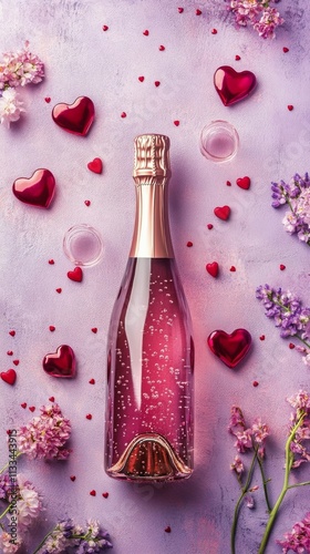 Pink sparkling drink surrounded by flowers and hearts for a romantic celebration