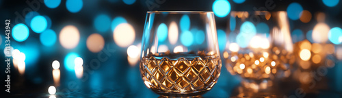 Elegant whiskey glasses with amber liquid on a blurred bokeh background.